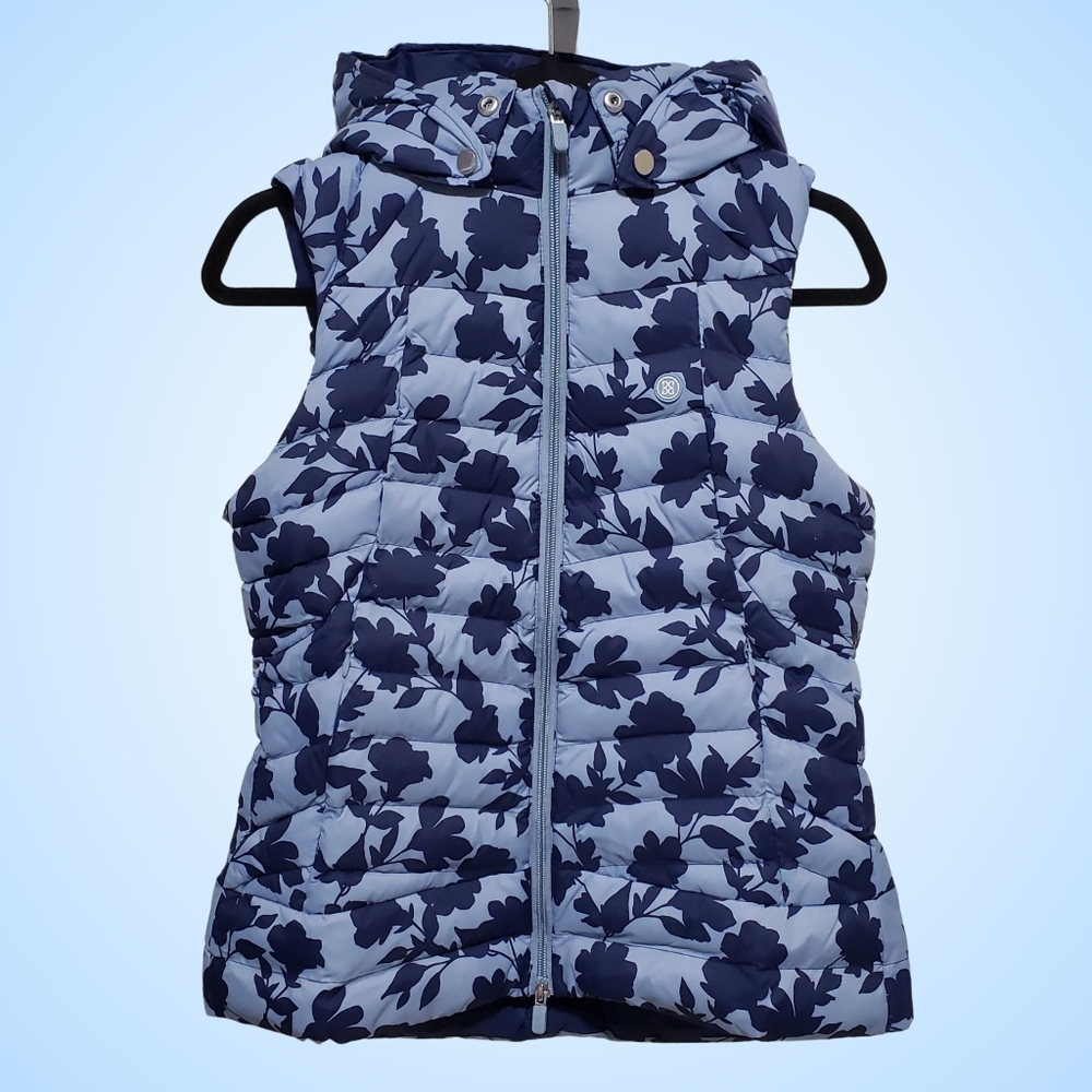 G/FORE Nylon Puffer Vest w/ Hood Tonal Floral Insulated Large Blue Pockets NWT🌸